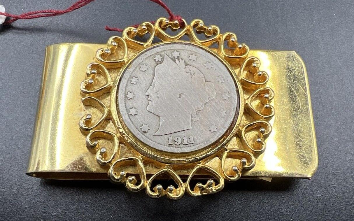 Gold Plated Money Clip with 1911 5c Liberty Head Nickel Coin Used