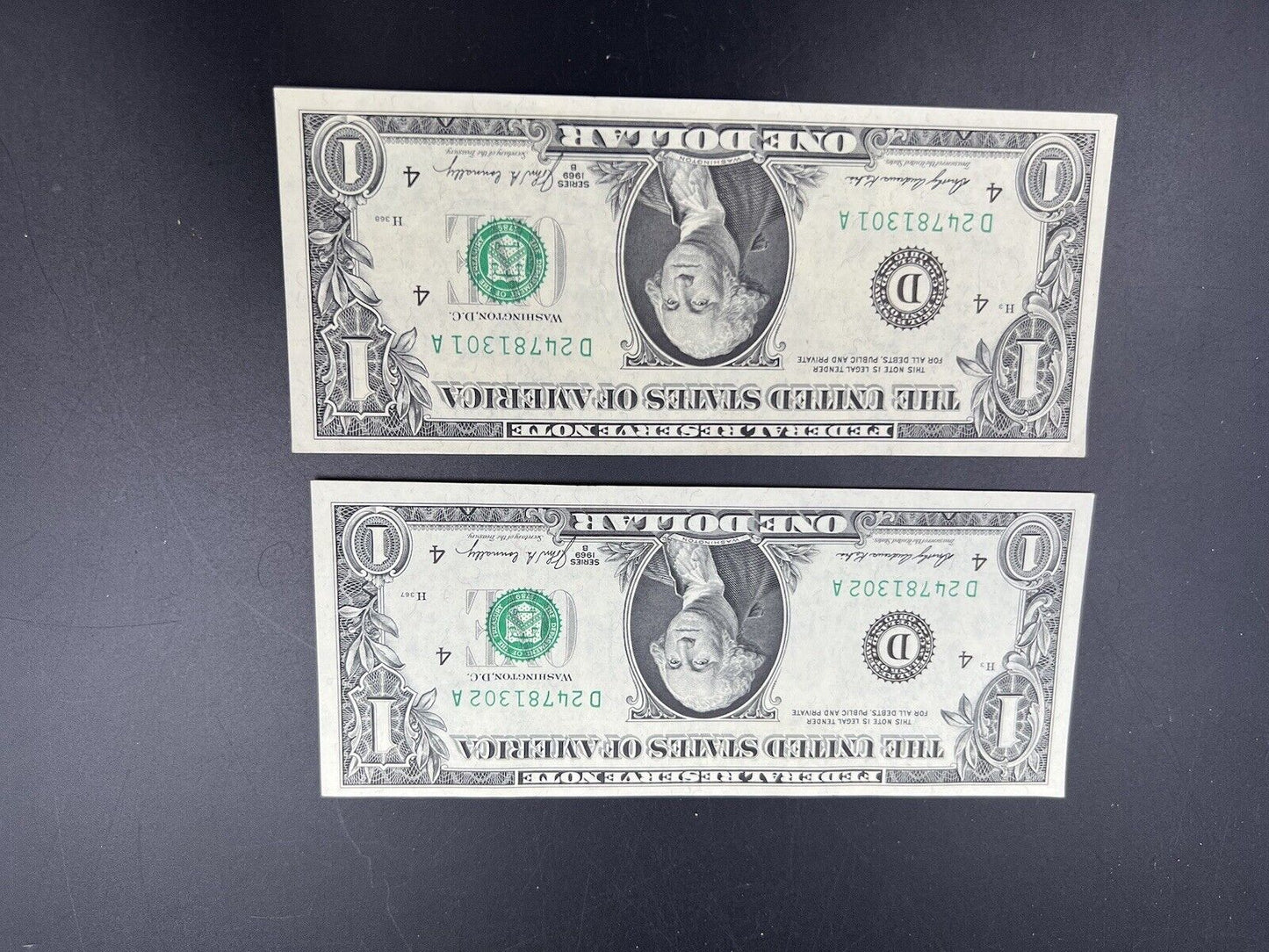 2 Consecutive Note Lot 1969 B $1 FRN Federal Reserve US Currency Bills CH UNC
