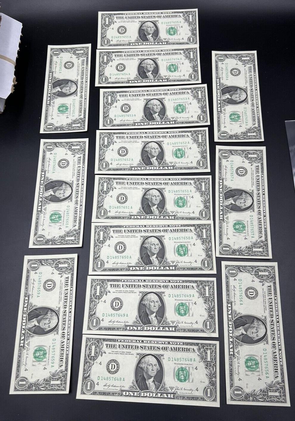 14 Consecutive Note Lot 1969 B $1 FRN Federal Reserve US Currency Bills CH UNC