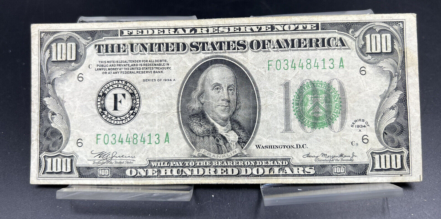 1934 A $100 FRN Federal Reserve Note Fine Circ Hundred Bill US Currency