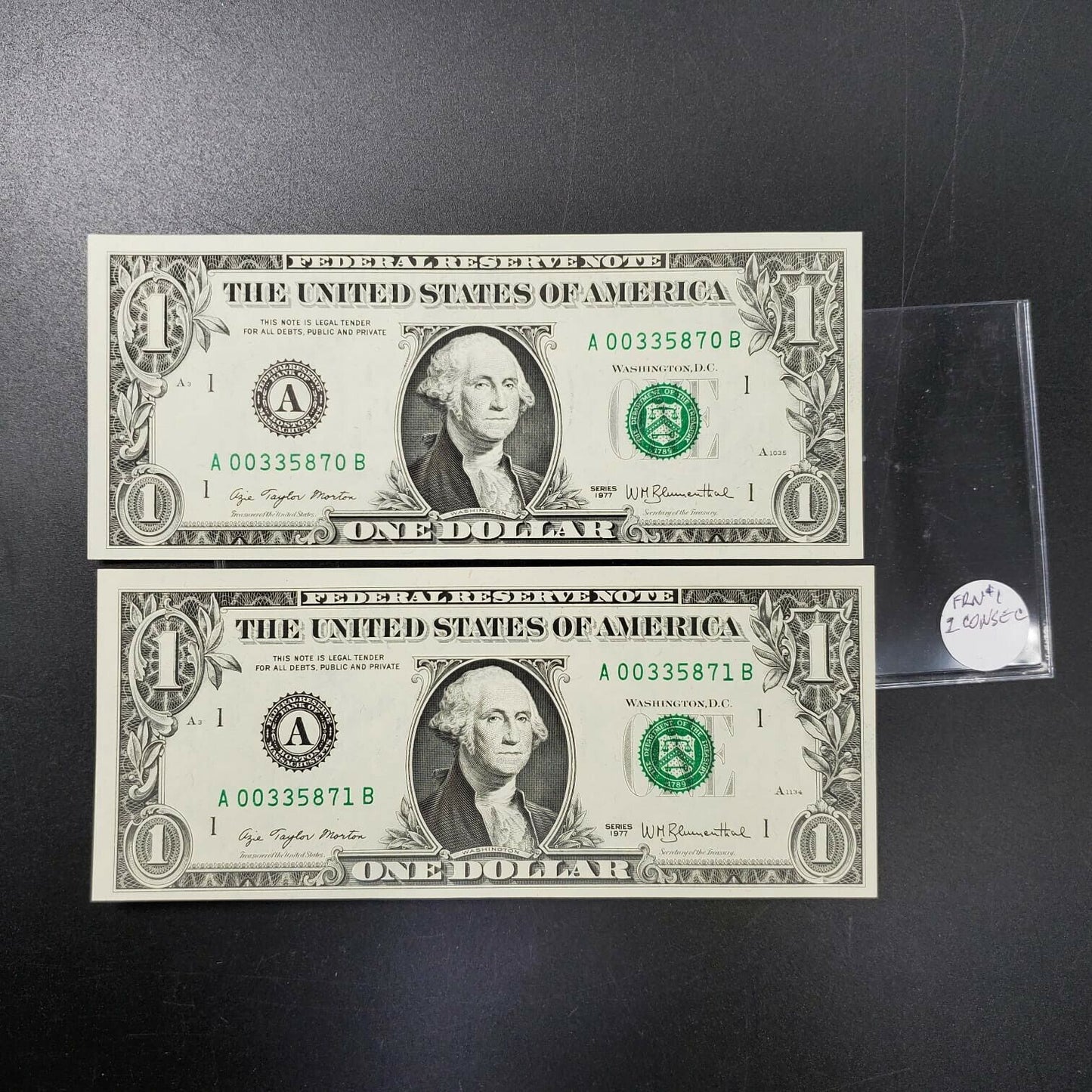 Consecutive Pair 2 1977 $1 FRN Federal Reserve Note Green Seal Low Serial #s UNC