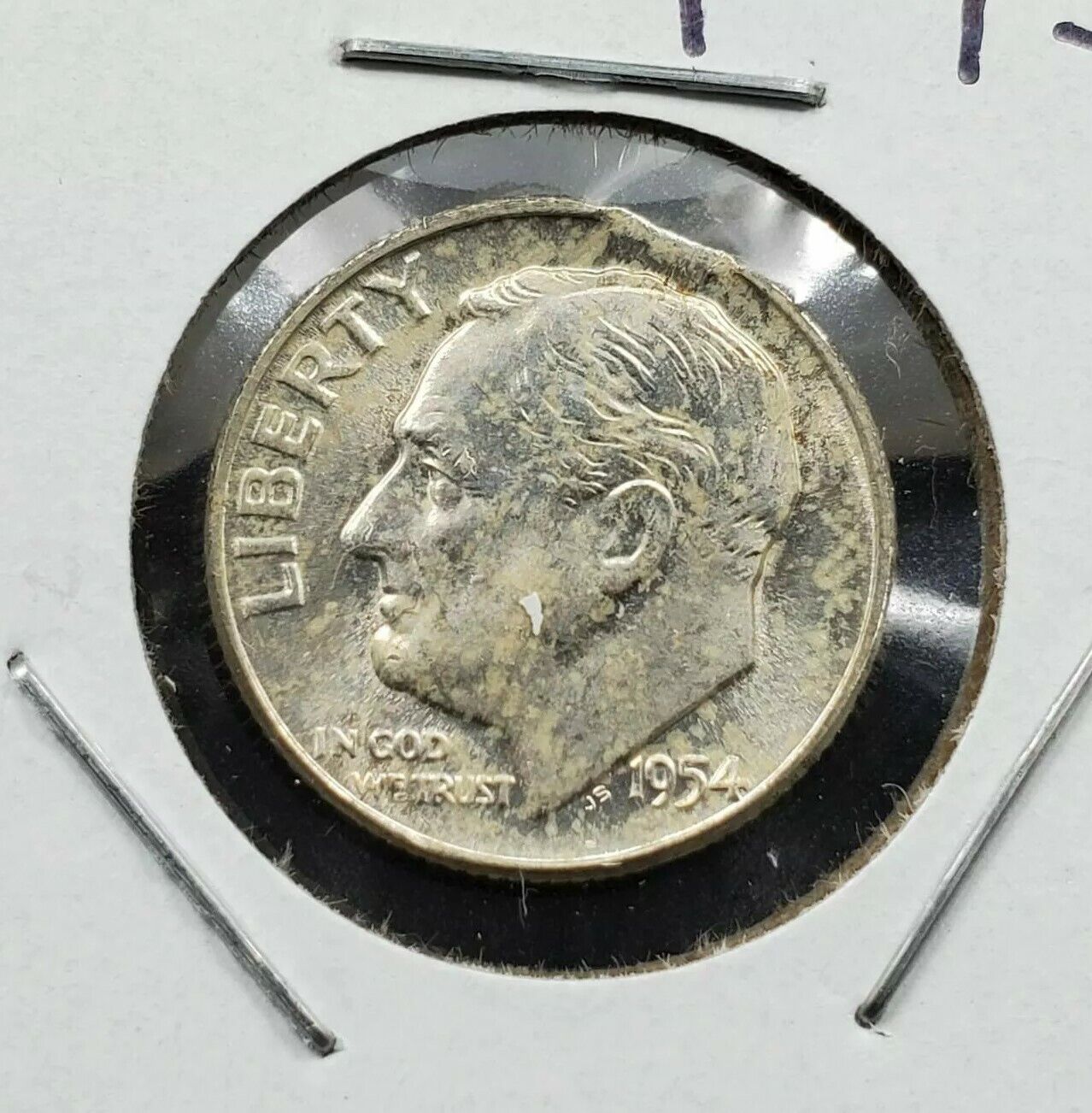 1954 P Philadelphia Roosevelt Silver Dime Clipped Planchet Error Toned BU UNC