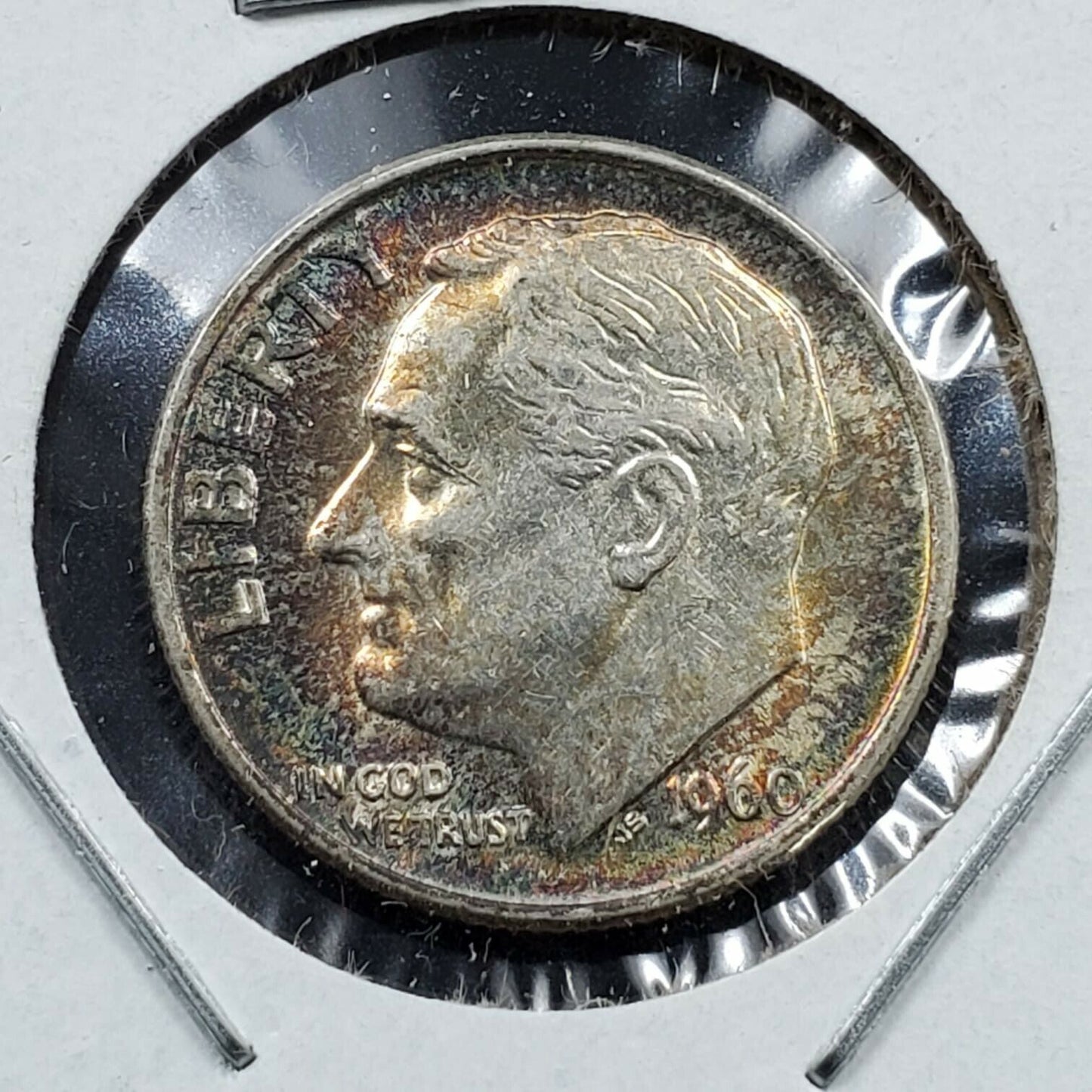 1960 P Roosevelt Silver Dime Coin AU About UNC Original PQ * Rainbow Toning