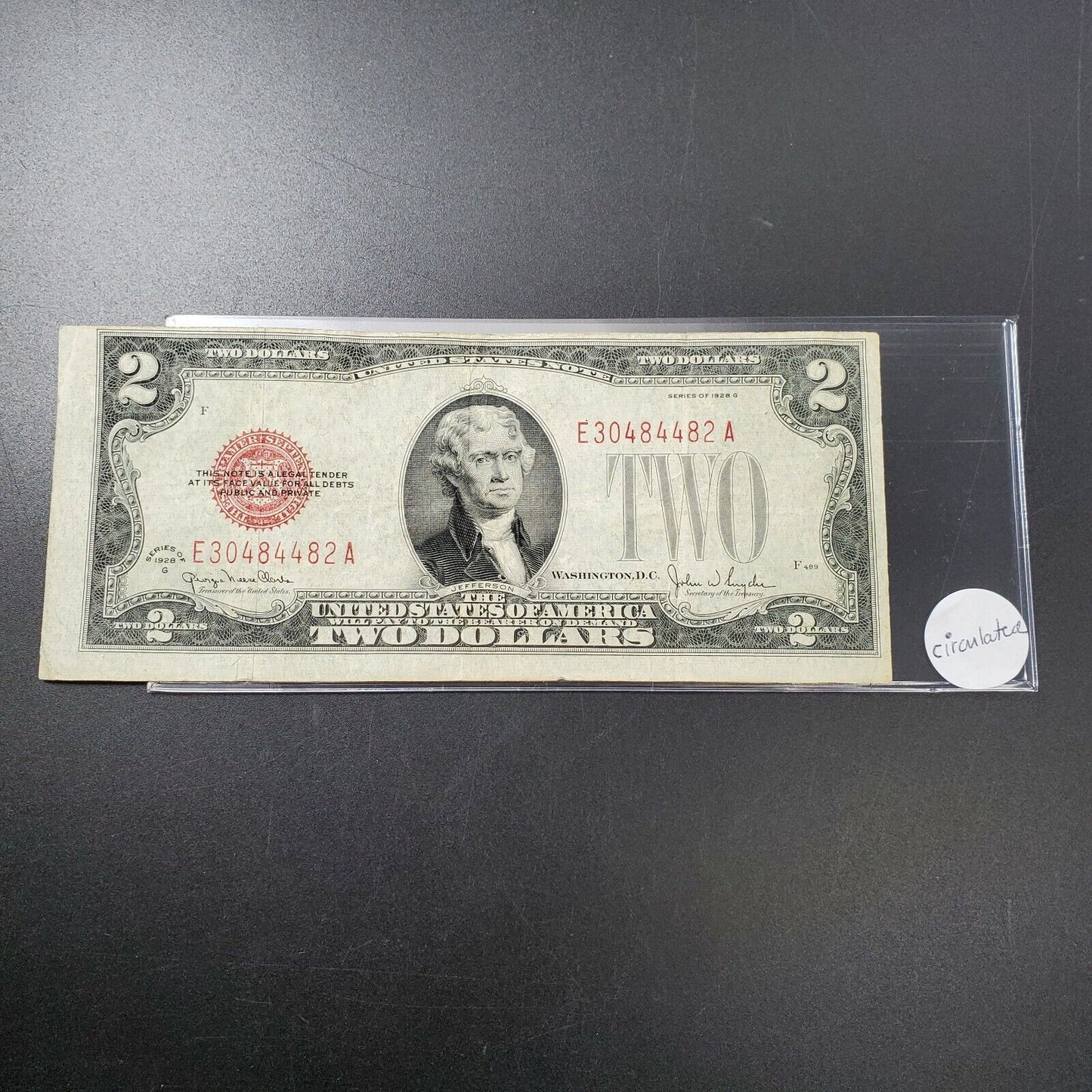 1928 G $2 Red Seal UNITED STATES NOTE OFF CENTER PRINT ERROR CIRCULATED