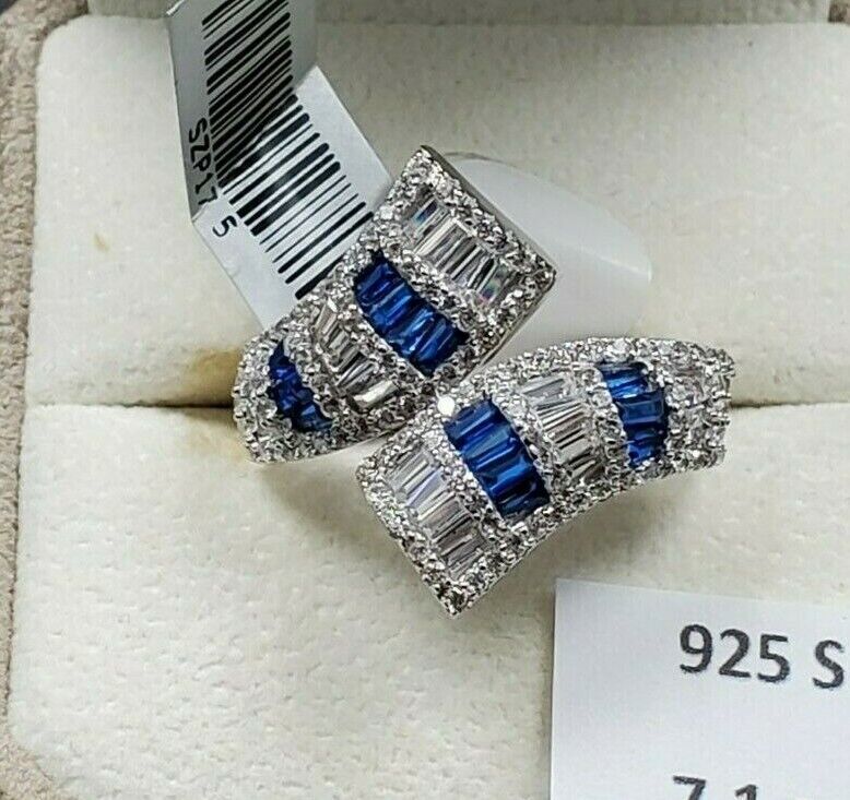 Womens 925 Sterling Silver Wedding Engagement Blue Flair Cut Ring Faceted CC