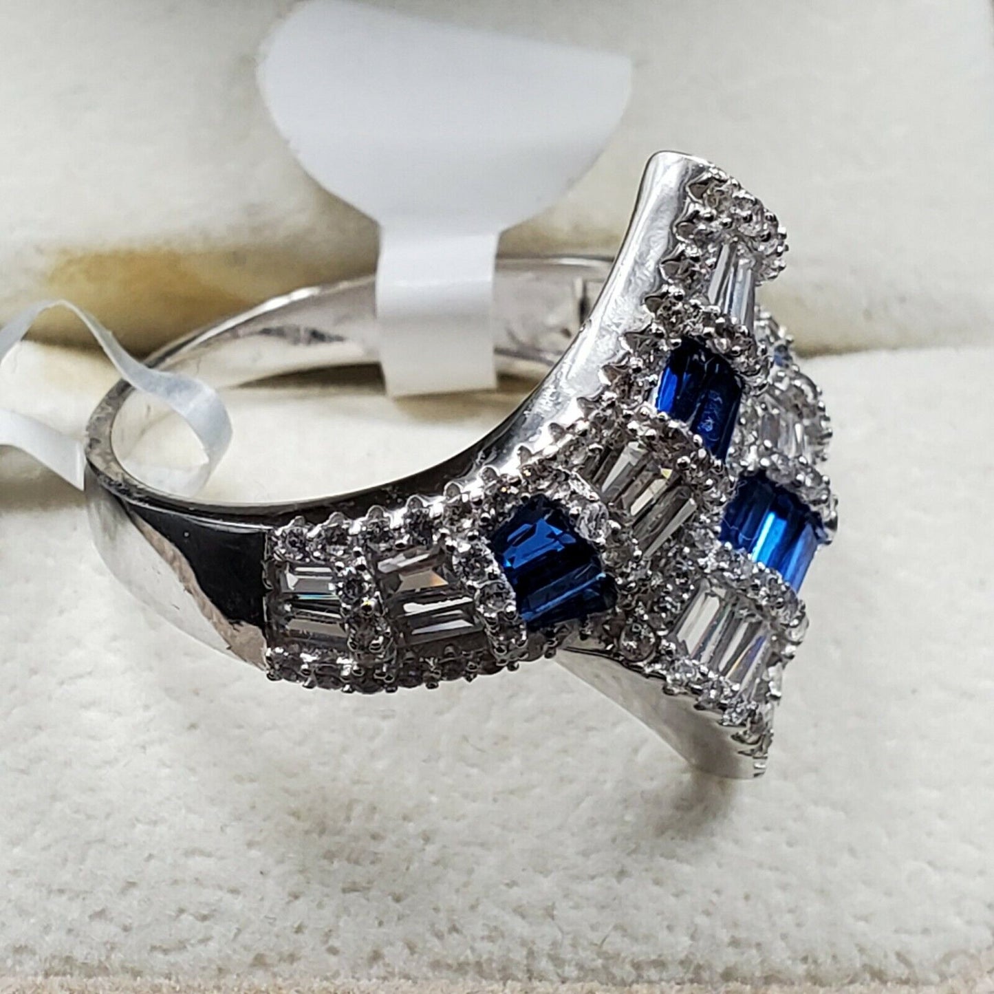 Womens 925 Sterling Silver Wedding Engagement Blue Flair Cut Ring Faceted CC