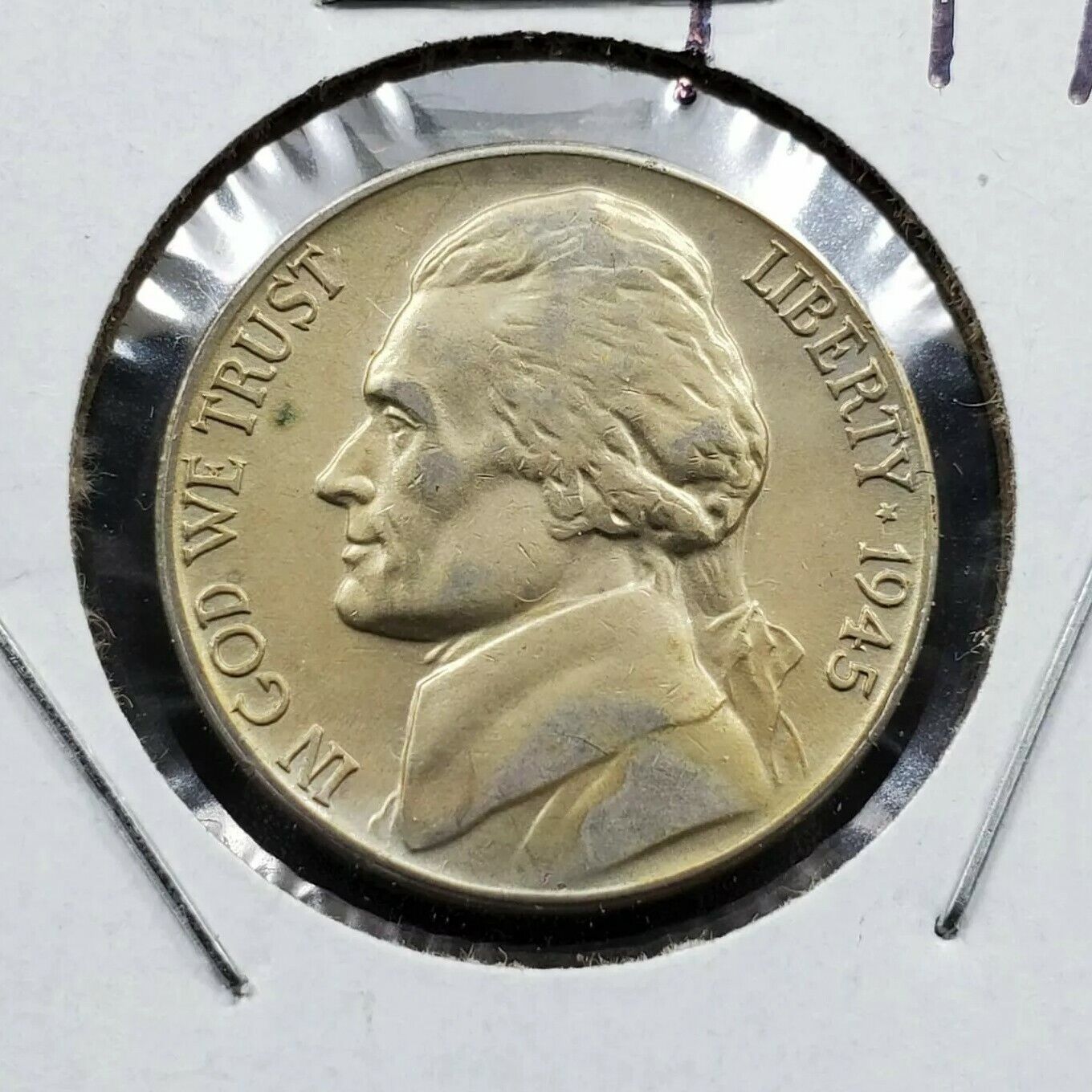 1945 D Jefferson Silver WW2 World War Two Nickel Coin AVG Uncirculated OBV Toned