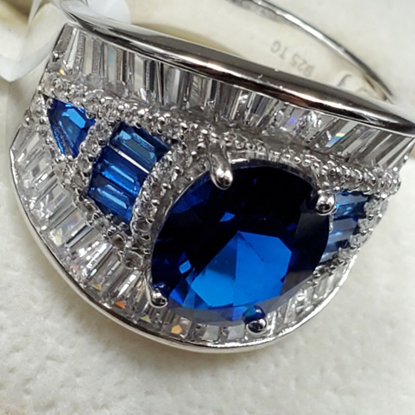 Womens 925 Sterling Silver Wedding Engagement Blue Opal Cut Shaped Ring Faceted