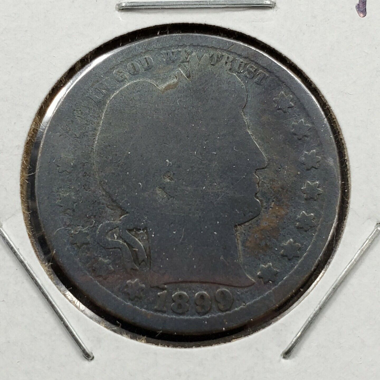 1899 P 25C Barber Silver Quarter Coin Very Circulated Neat Toning Toner