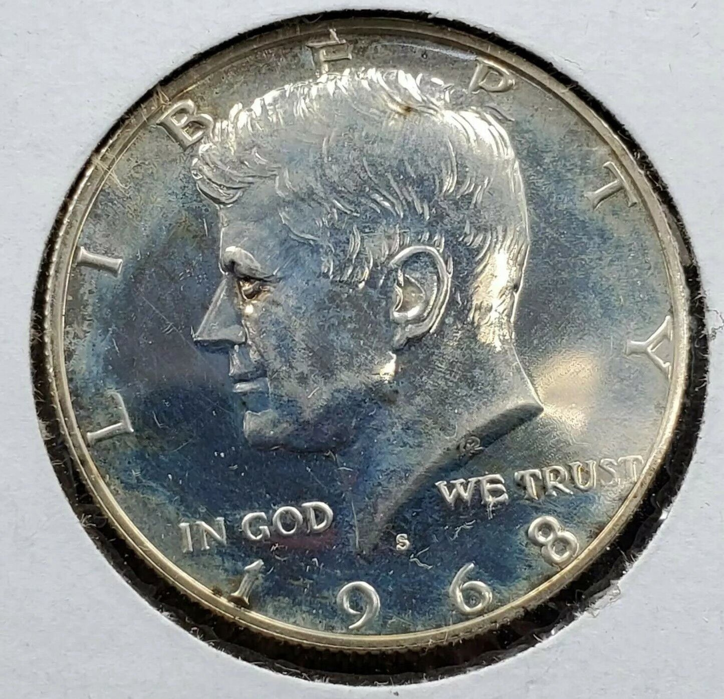 1968 s Kennedy 40% Silver Half Dollar Coin Choice Proof Light Blue Toning Toner