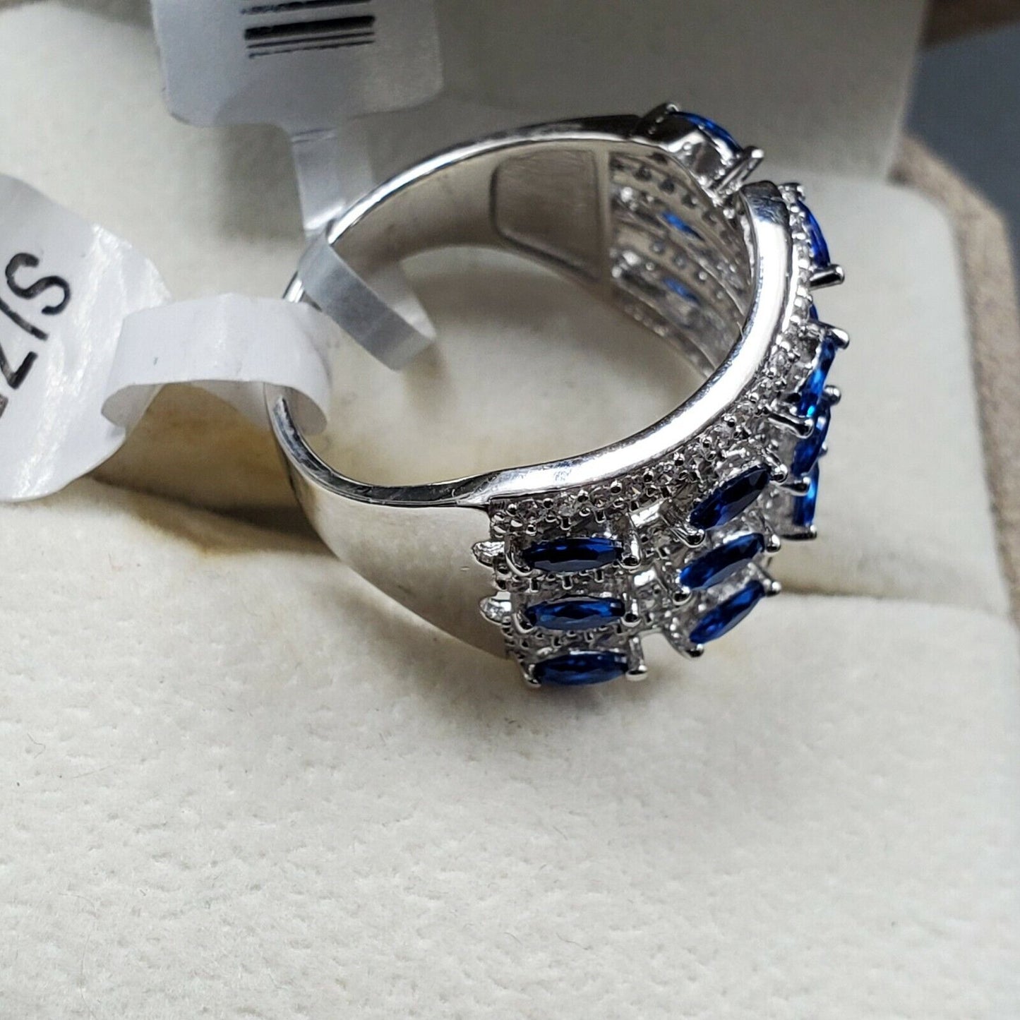 Womens 925 Silver Wedding Engagement Princess Cut Ring Faceted CC + Sapphire