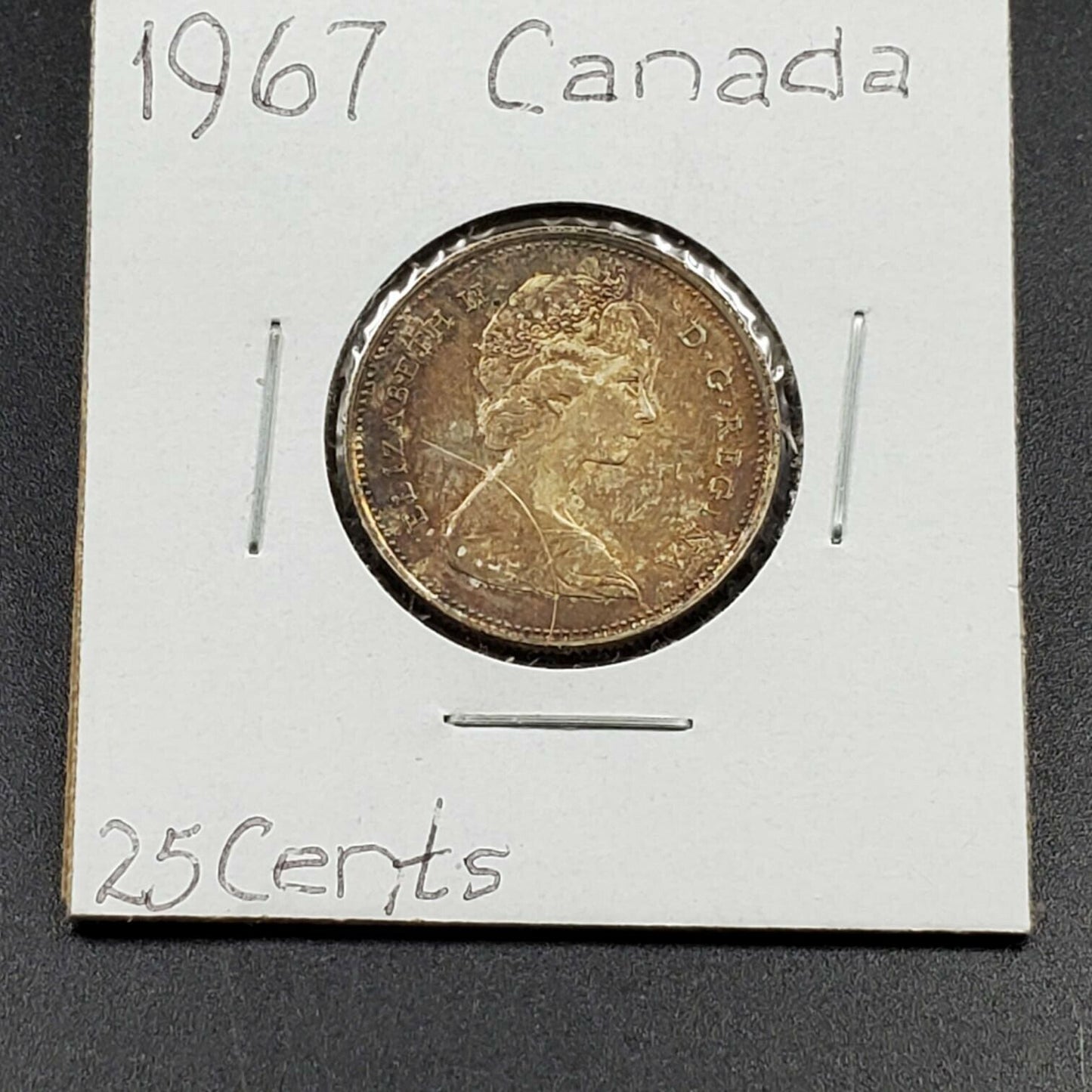 AMBER HALO TONED TONER REV 1967 25c Canada Silver Quarter Bobcat Cougar Coin UNC