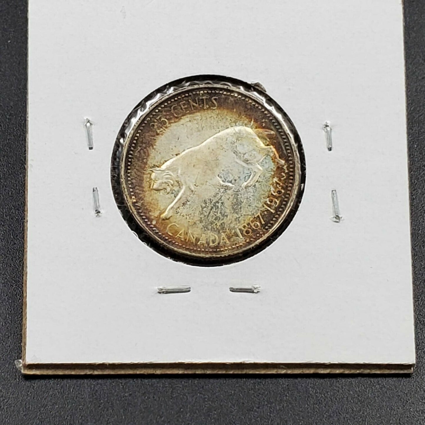 AMBER HALO TONED TONER REV 1967 25c Canada Silver Quarter Bobcat Cougar Coin UNC