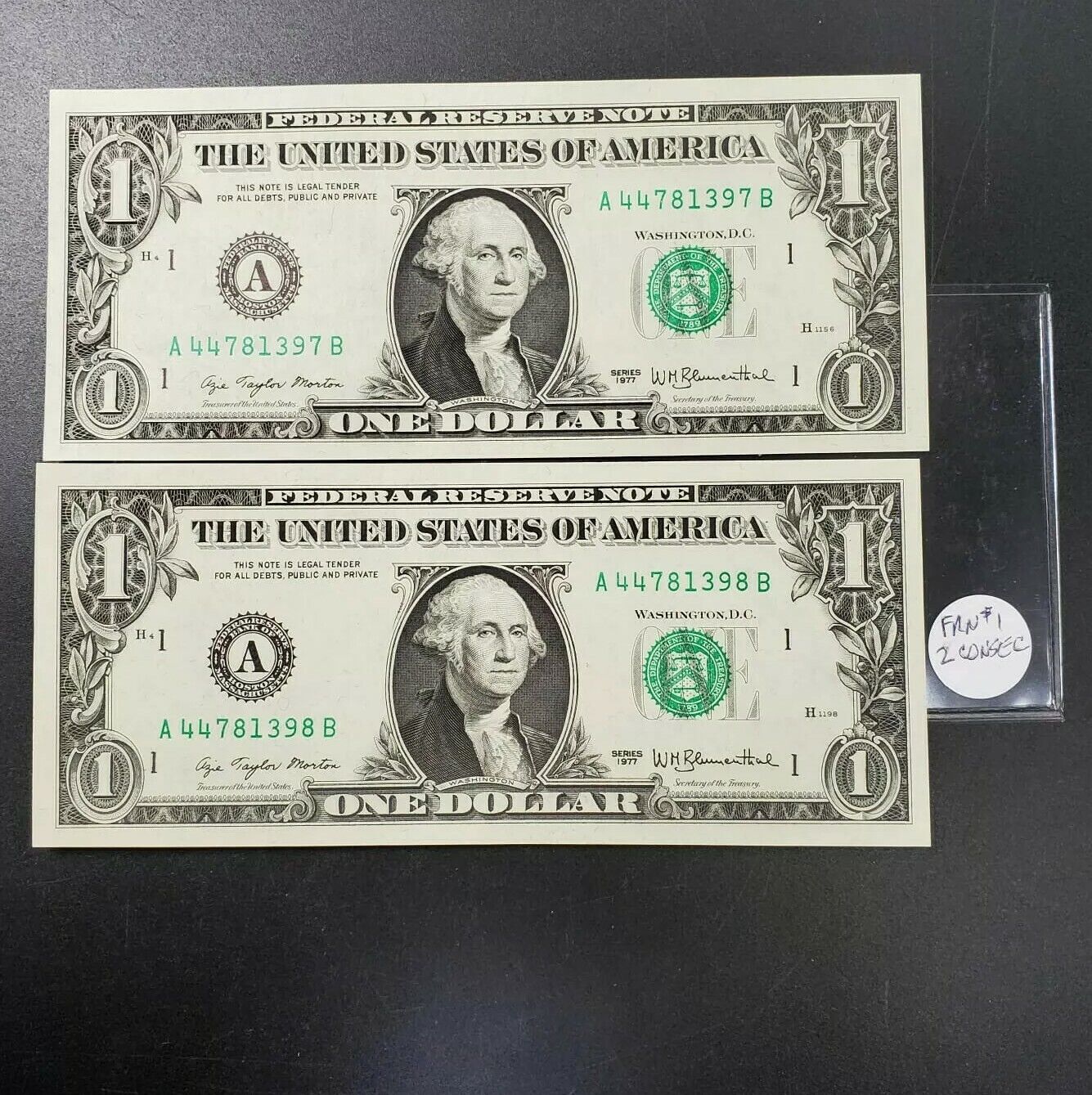 2 Consecutive 1977 $1 FRN Federal Reserve Note Green Seal Choice UNC Boston