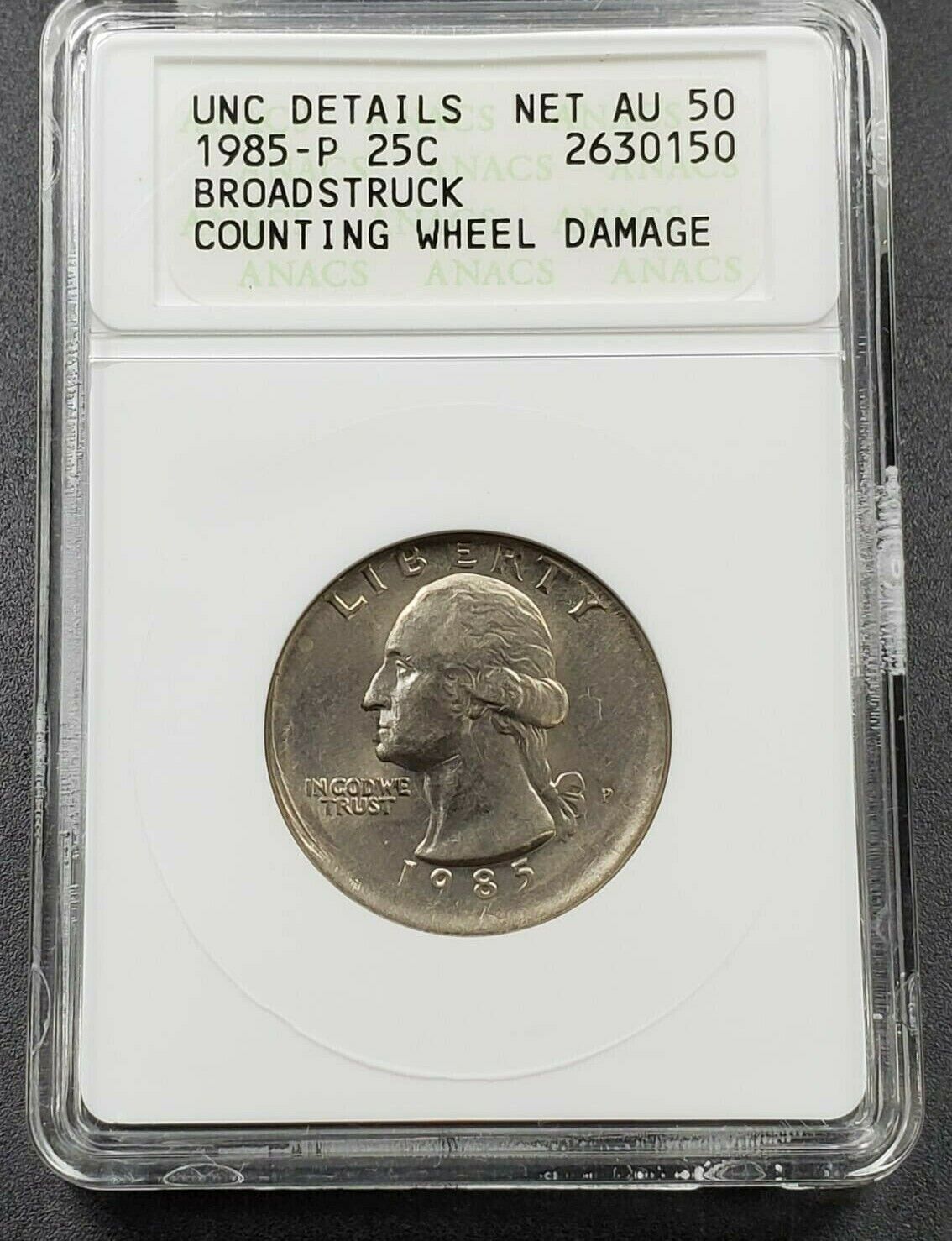 Large Broadstrike Error 1985 P Washington Quarter ANACS UNC Details Nice Coin