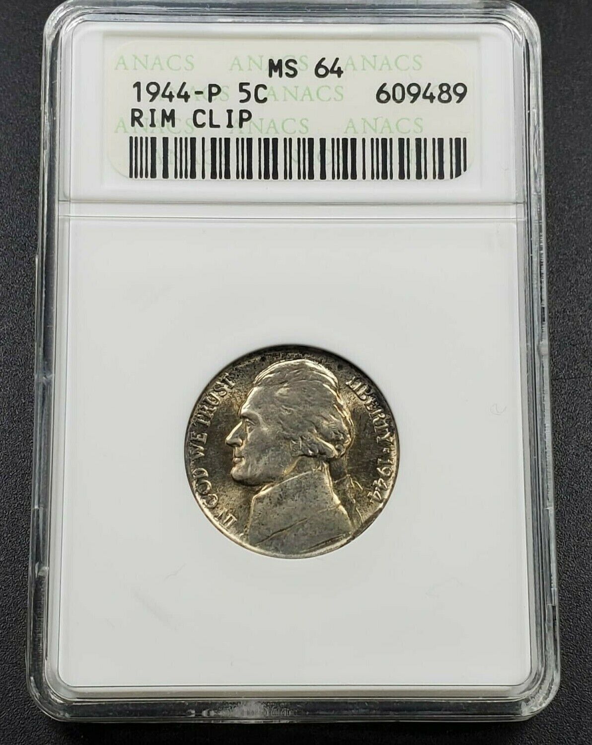RIM CLIP ERROR 1944 P Jefferson Silver War Nickel Coin Variety ANACS MS64