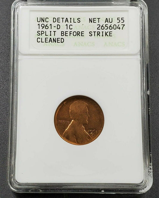 Large Split Before Strike Error 1961 D Lincoln Memorial Cent Coin ANACS UNC DETS