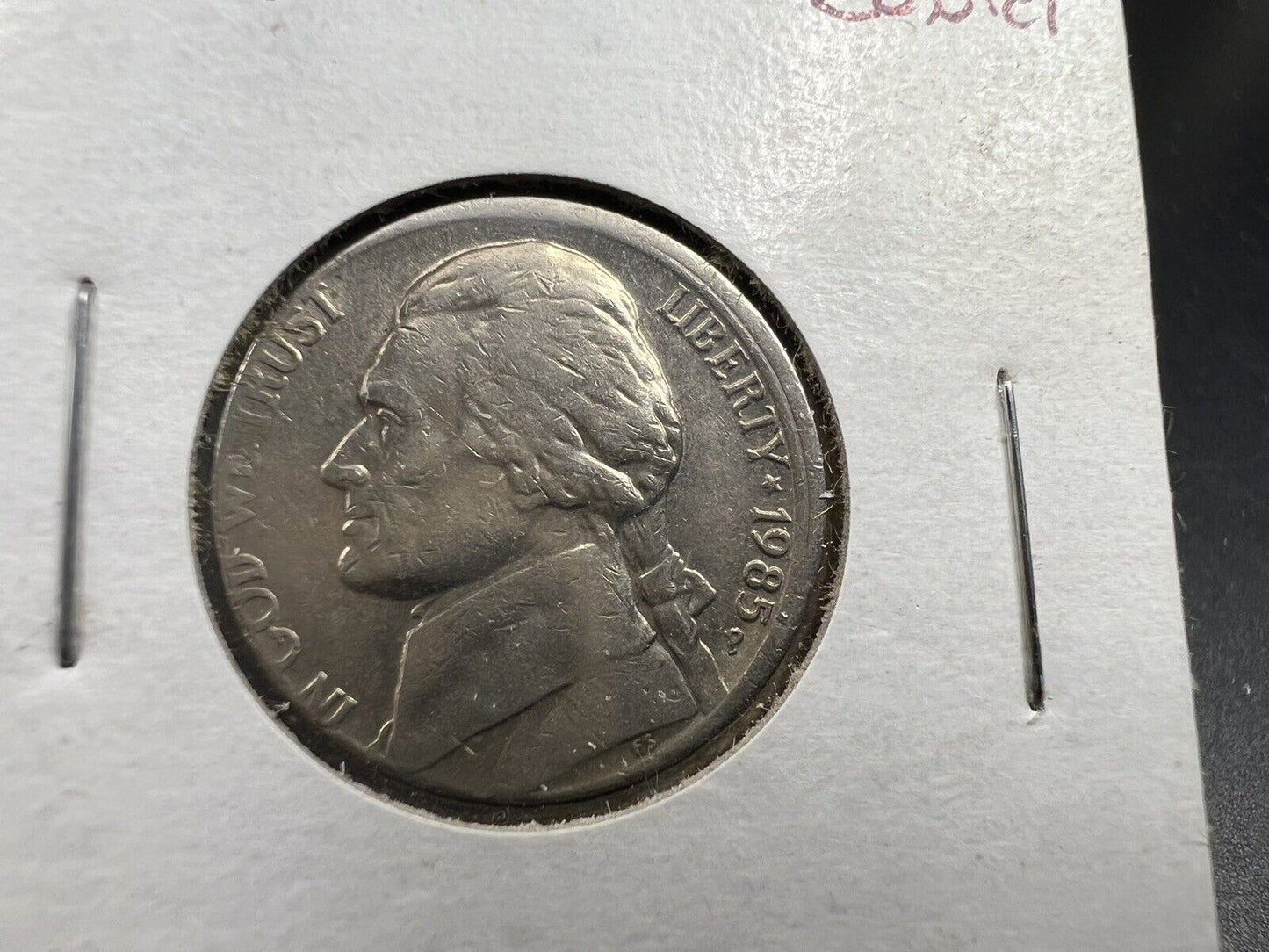 1985 P 5c Broadstrike Off Center Error Jefferson Nickel XF Circ