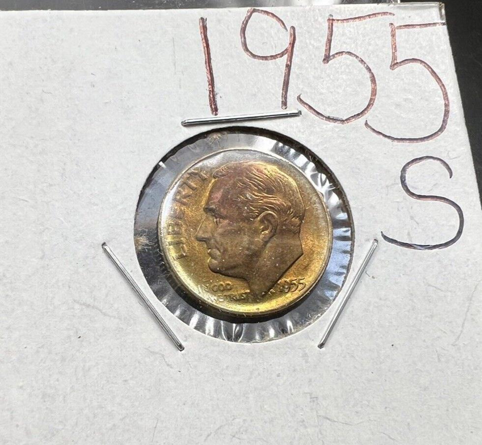 1955 S 10c Roosevelt Silver Dime Coin PQ Golden Toning Obverse BU UNC