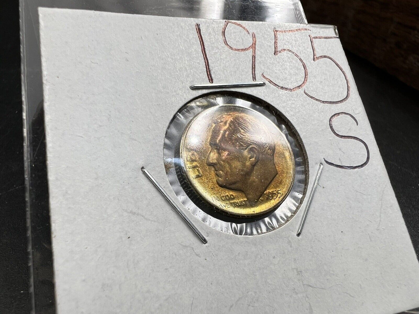 1955 S 10c Roosevelt Silver Dime Coin PQ Golden Toning Obverse BU UNC