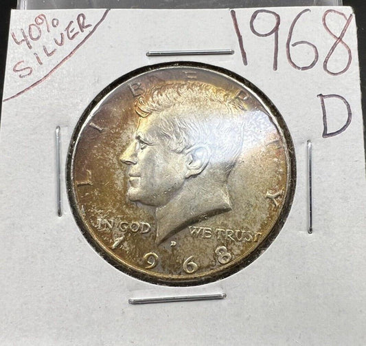 1968 D 50c Kennedy 40% Silver Half Dollar Nice Amber Toning Toner AU