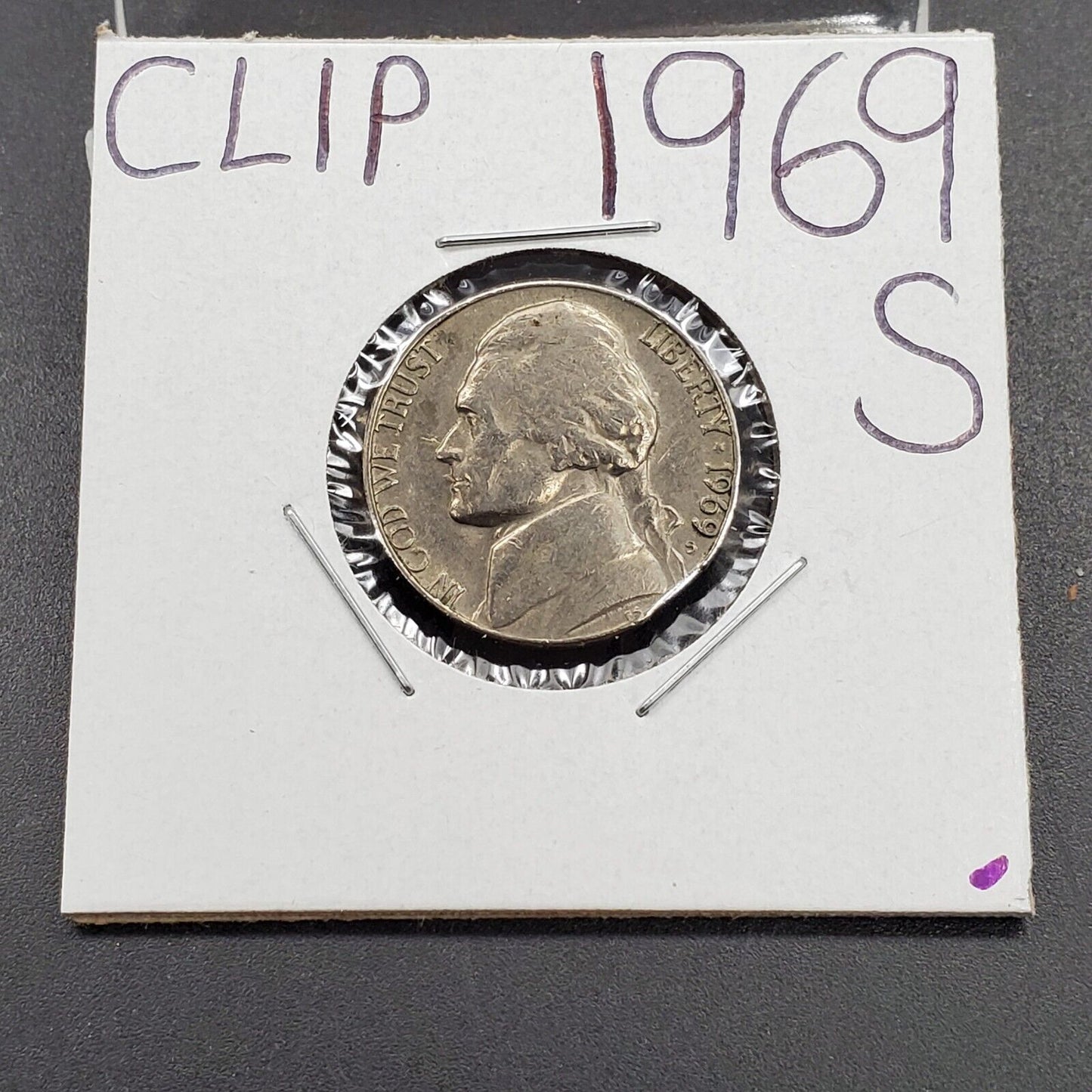 1969 S Jefferson Nickel 5c Clipped Planchet Error Coin Clip Circ