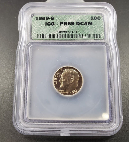 1969 S Roosevelt Clad Dime Proof Coin Vintage ICG PR69 DCAM Deep Cameo Gem