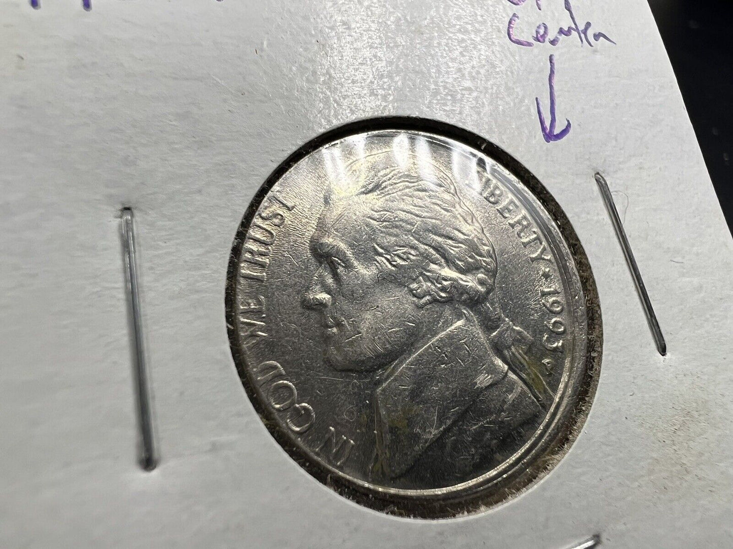 1993 P Jefferson Nickel 5c Coin Misaligned Obverse Die Error VF / XF Circ