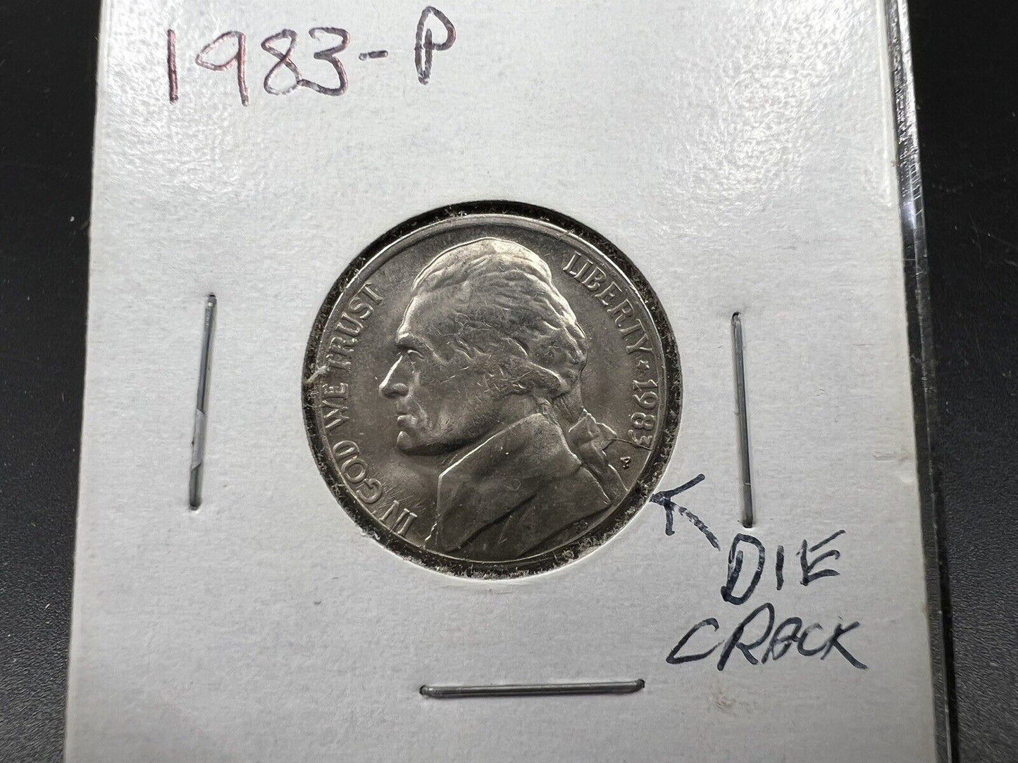 1983 P Jefferson Nickel 5c Coin Die Crack Error Variety Thru Date CH BU UNC