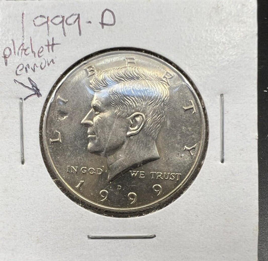 1999 D 50c Kennedy Clad Half Dollar Coin Planchet Flaw Error CH AU About UNC