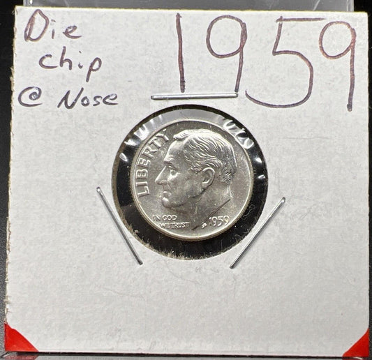 1959 P 10c Roosevelt Silver Dime Coin CH BU FT Full Torch Die Chip OBV Variety #