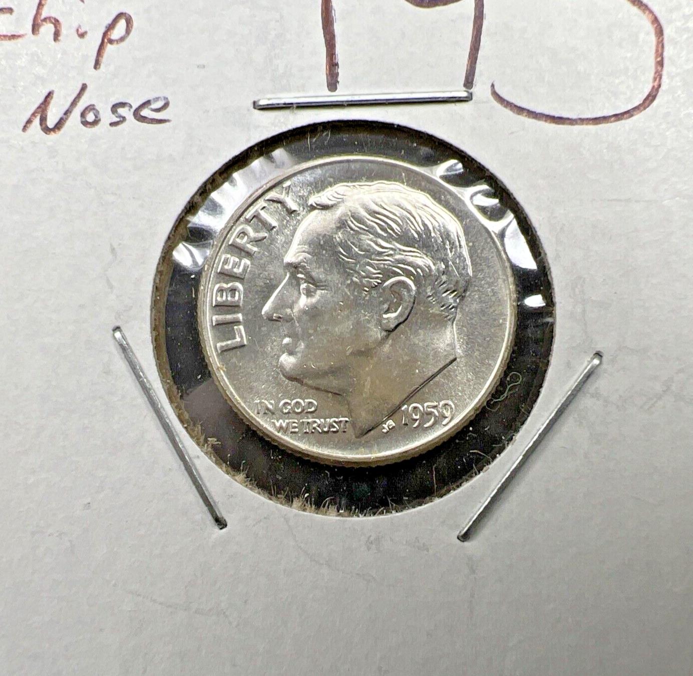 1959 P 10c Roosevelt Silver Dime Coin CH BU FT Full Torch Die Chip OBV Variety #