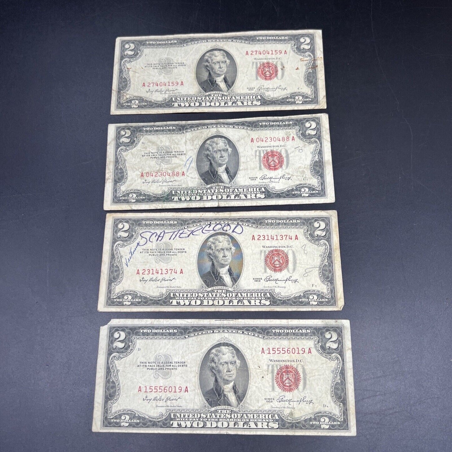 Lot of 4 1953 $2 Two Dollar United States Red Seal Legal Tender VERY CIRC