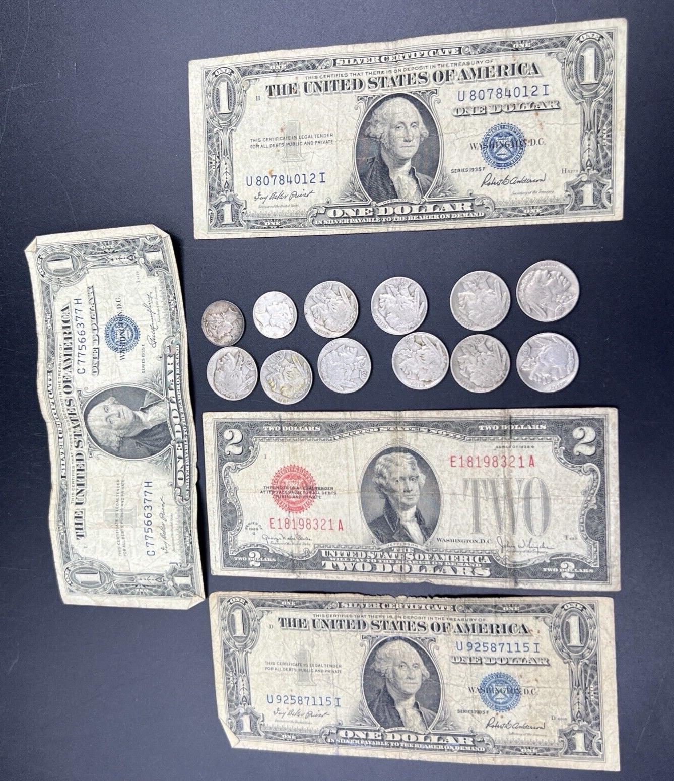 Great Depression Era Pocket Money 1928 $2 Buffalo 5c 2 90% Silver 10c 1935 $1 ++