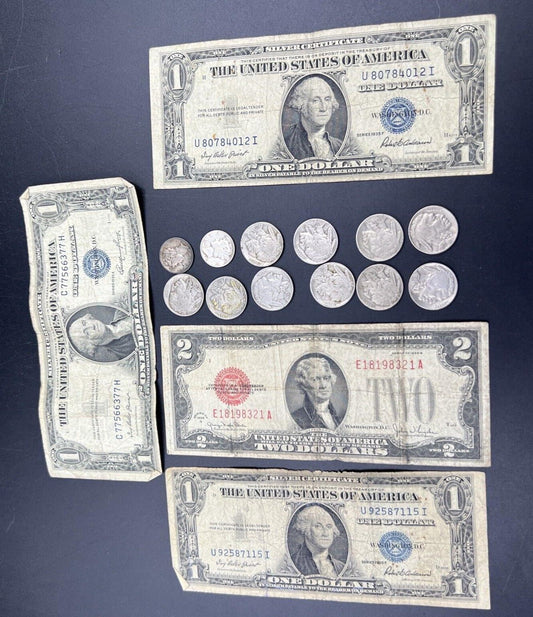 Great Depression Era Pocket Money 1928 $2 Buffalo 5c 2 90% Silver 10c 1935 $1 ++