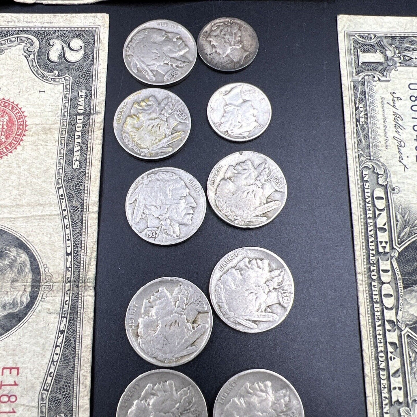 Great Depression Era Pocket Money 1928 $2 Buffalo 5c 2 90% Silver 10c 1935 $1 ++