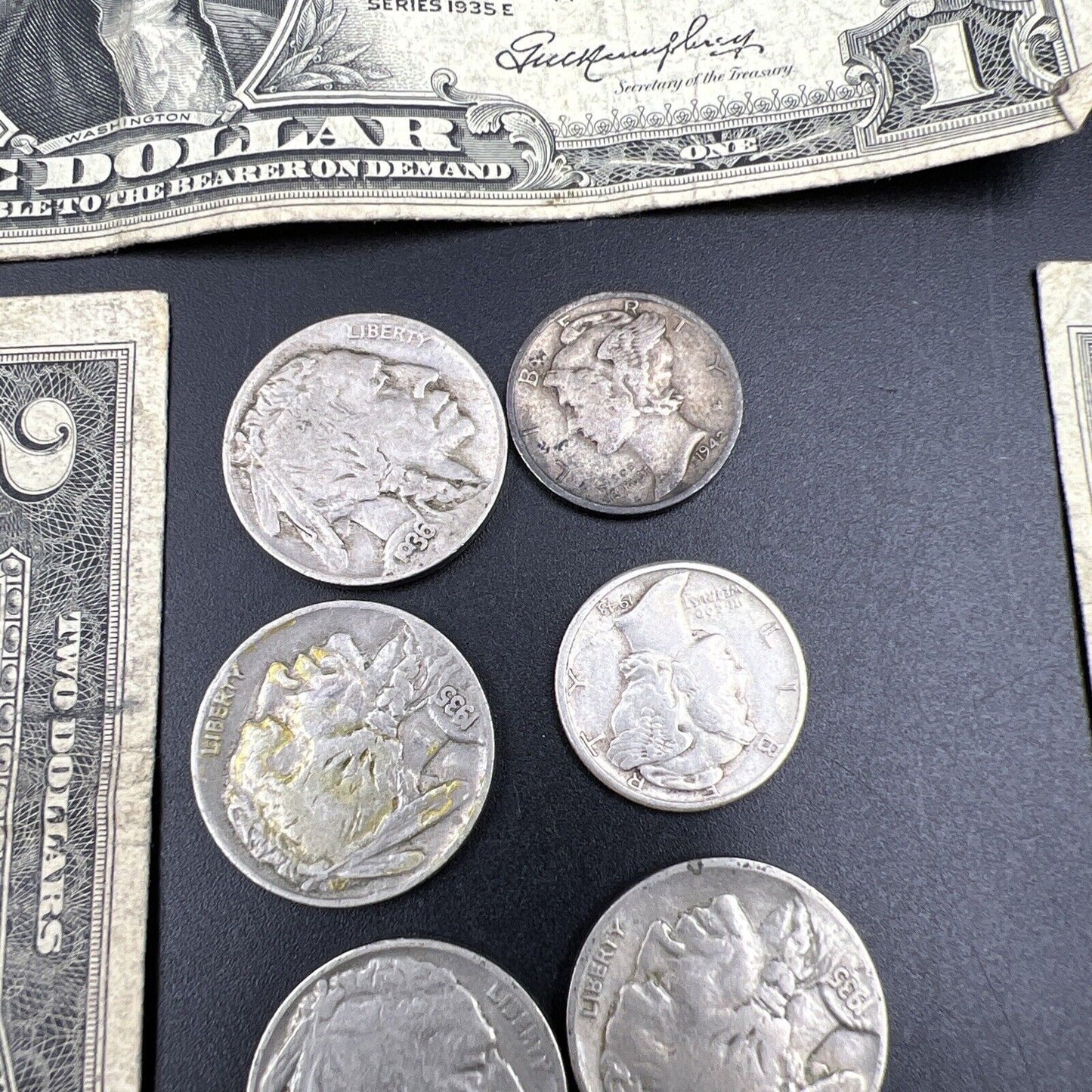 Great Depression Era Pocket Money 1928 $2 Buffalo 5c 2 90% Silver 10c 1935 $1 ++