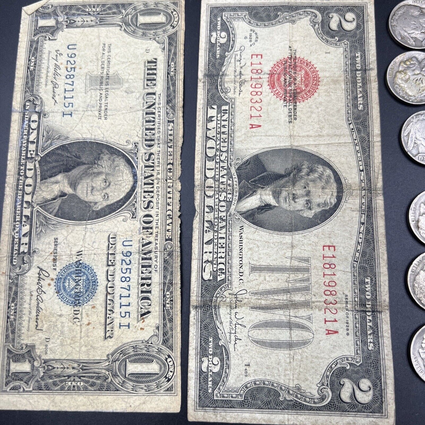 Great Depression Era Pocket Money 1928 $2 Buffalo 5c 2 90% Silver 10c 1935 $1 ++