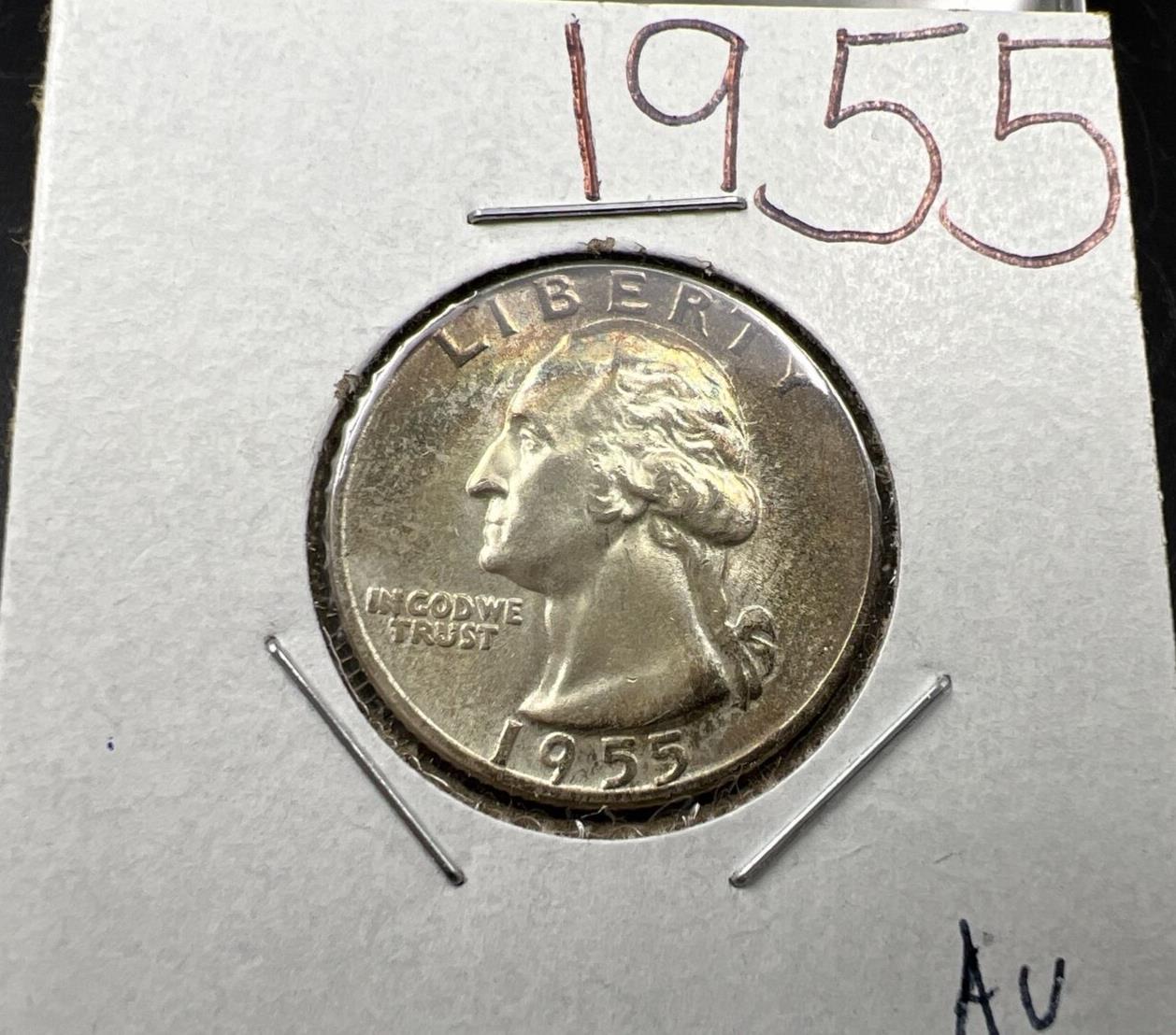 1955 P 25c Washington Silver Quarter Coin CH AU about unc nice toning toner