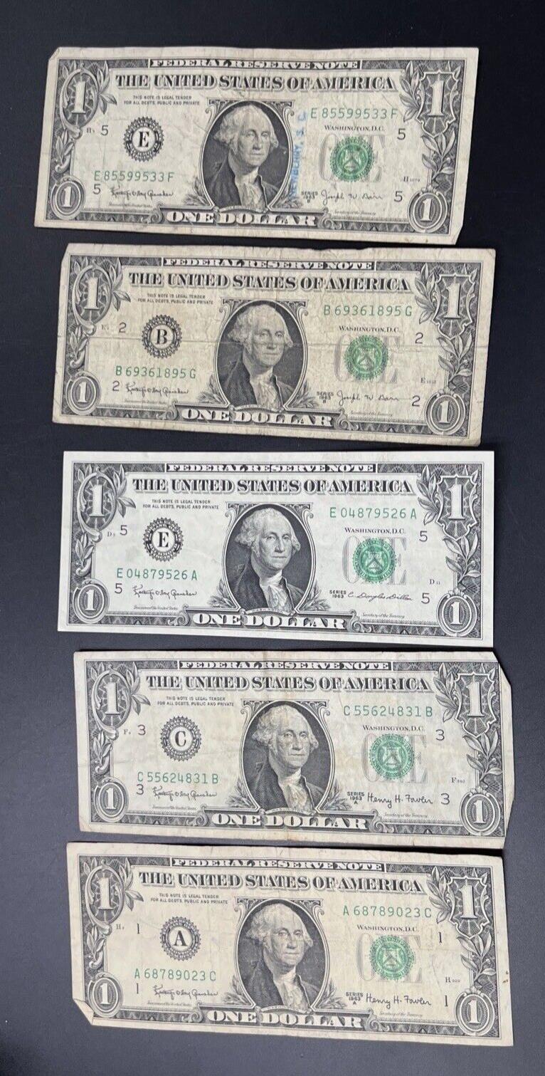 Lot of 5 1963 $1 FRN Notes Circ Varying Letters as Pictured