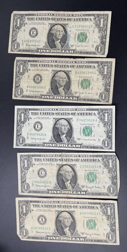Lot of 5 1963 $1 FRN Notes Circ Varying Letters as Pictured