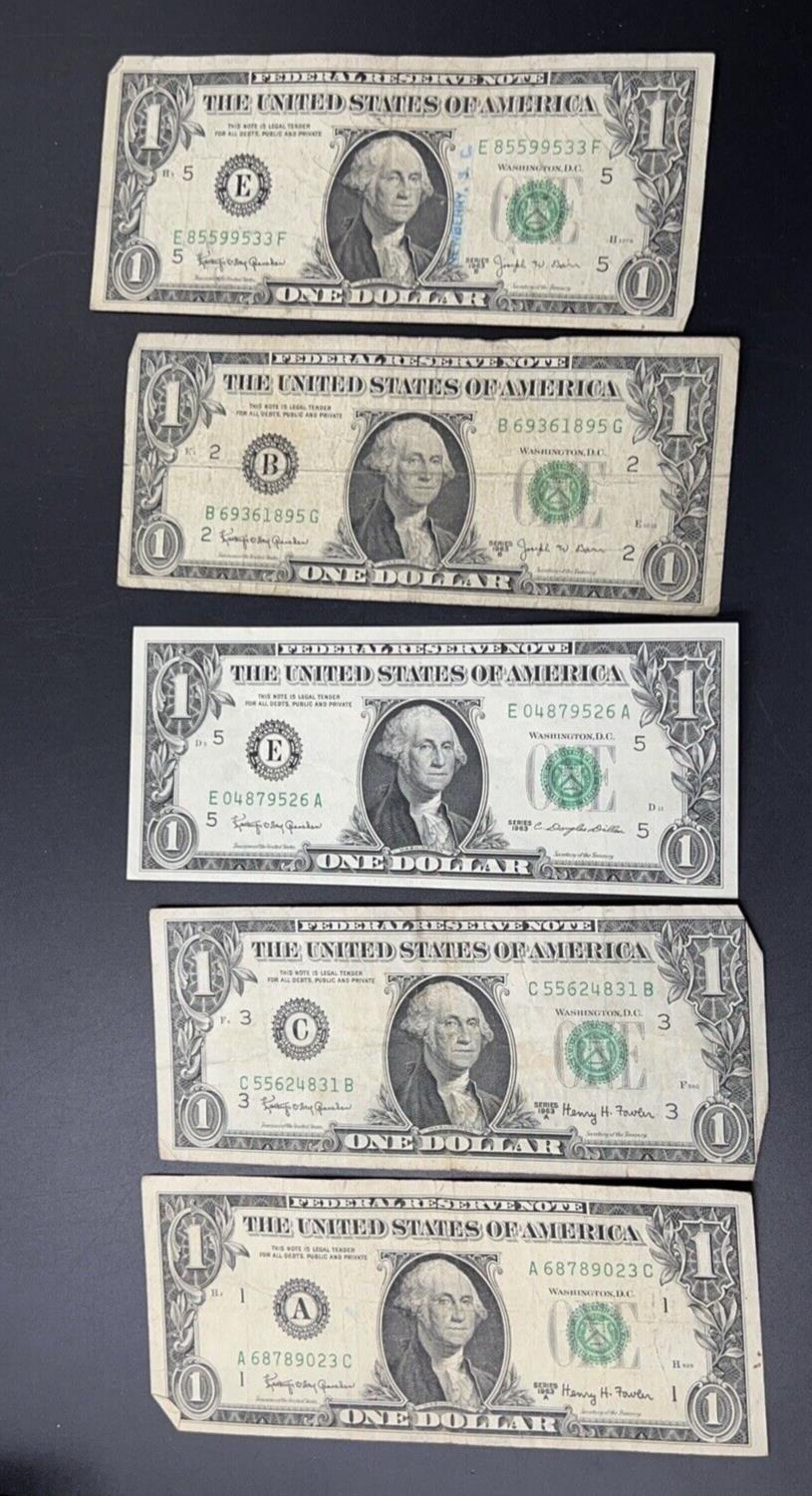 Lot of 5 1963 $1 FRN Notes Circ Varying Letters as Pictured