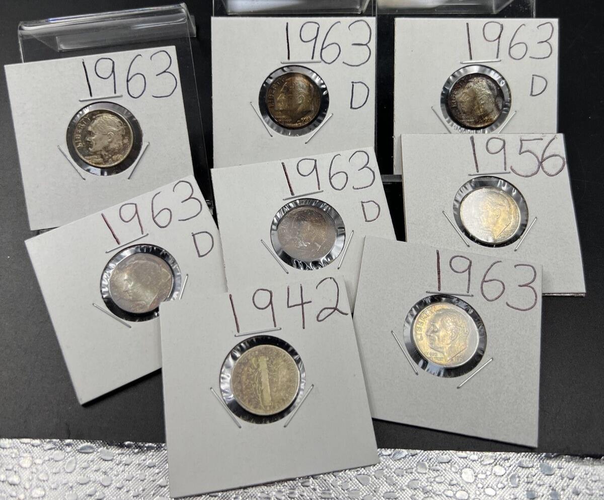 Lot of 8 US 90% Silver Dime Coins Neat Toning Toners Exact Coins Pictured Circ