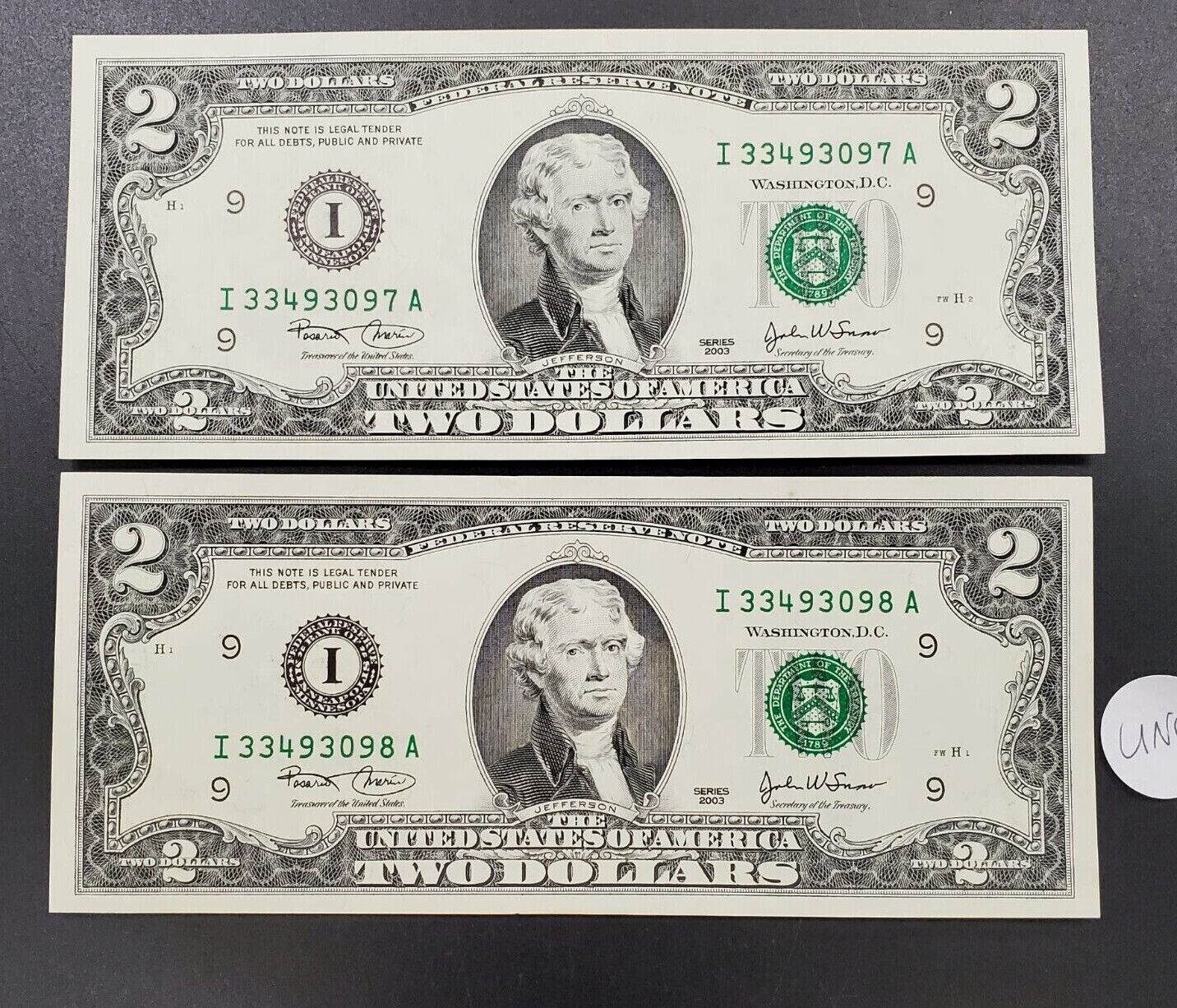 2 CONSECUTIVE $2 2003 FRN FEDERAL RESERVE NOTE CH UNC GREEN SEAL #2