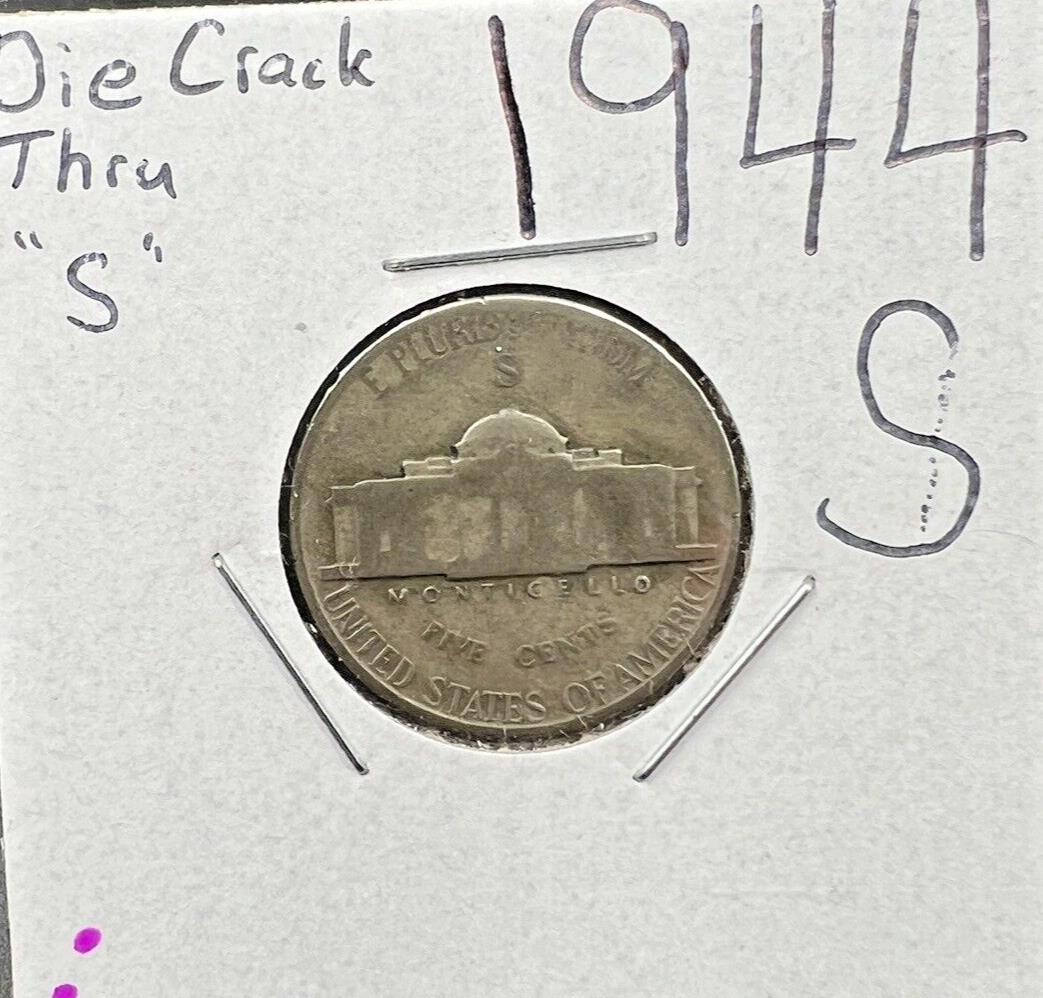 1944 S 5c WW2 Jefferson 35% Silver Nickel Coin Die Crack through S Circ Variety