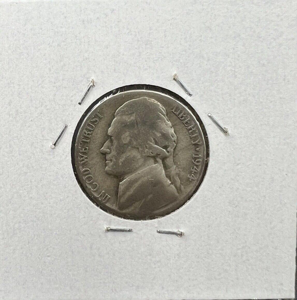 1944 S 5c WW2 Jefferson 35% Silver Nickel Coin Die Crack through S Circ Variety