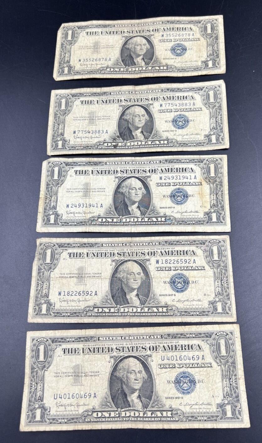 Lot of 5 1957 Silver Certificate Bill Currency Note Bills Very Circulated #878