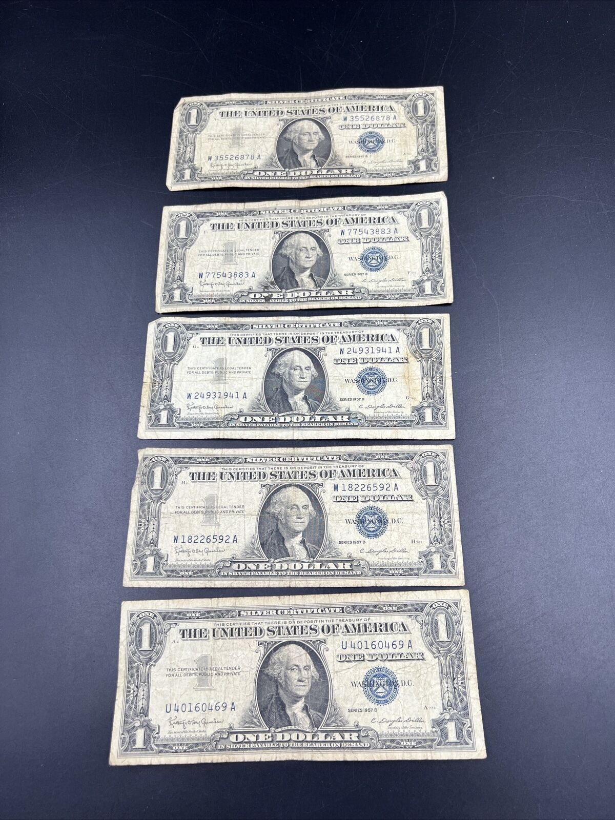 Lot of 5 1957 Silver Certificate Bill Currency Note Bills Very Circulated #878