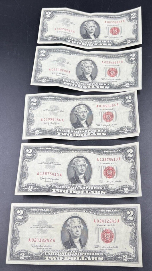 Lot of 5 1963 $2 Two Dollar Red Seal Legal Tender Banknotes VF Circ #242