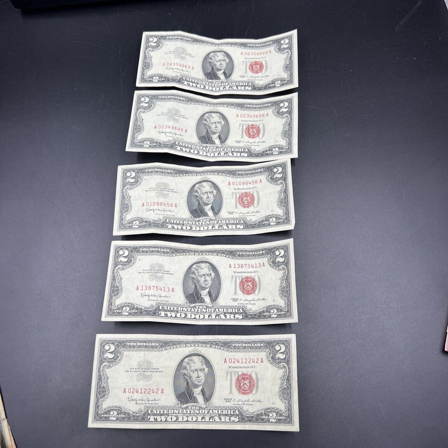Lot of 5 1963 $2 Two Dollar Red Seal Legal Tender Banknotes VF Circ #242